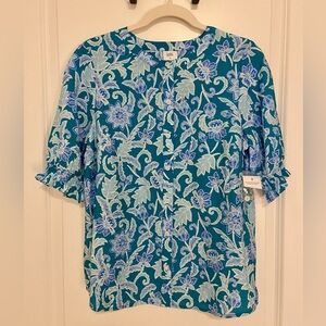 NWT Croft & Barrow Teal Floral Button Down Blouse Short Sleeve | Size Small
